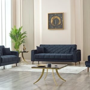 Modern living room with dark blue velvet furniture and gold-accented tables.