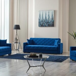 Modern living room with blue furniture and abstract painting.