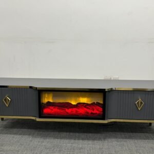 BlazeCraft TV Unit with electric fireplace and gold accents.