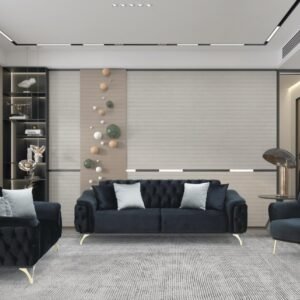 Modern living room with dark blue velvet furniture, a textured carpet, and a decorative wall installation.