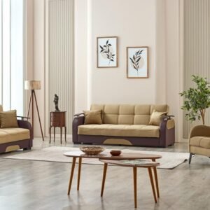Modern living room with beige and brown furniture, botanical artwork, and a wooden coffee table.
