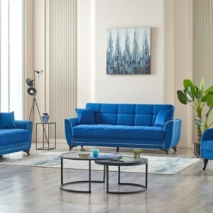 Modern living room with blue sofas .