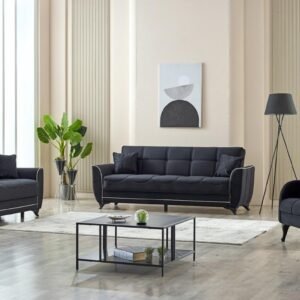Modern living room with dark gray sofa set, coffee table, and abstract art.