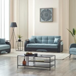 Modern living room with teal seating furniture, a black metal coffee table, and decorative elements like a floor lamp, plant, and wall clock.