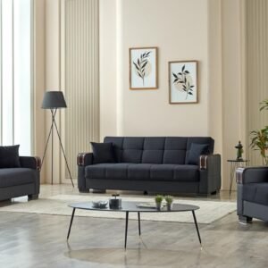 Modern living room with dark gray furniture, a black coffee table, and framed artwork on beige walls.