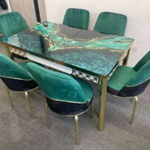 ElmRoot Dining Set with a glossy table and six green upholstered chairs with gold accents.