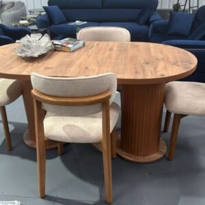 Elowen Classic Table Set with oval wooden table and four beige upholstered chairs.