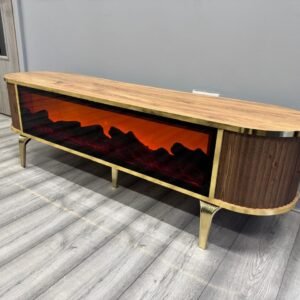 FlareLine TV Unit with electric fireplace and gold accents.