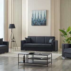 Modern living room with dark gray furniture and abstract art.