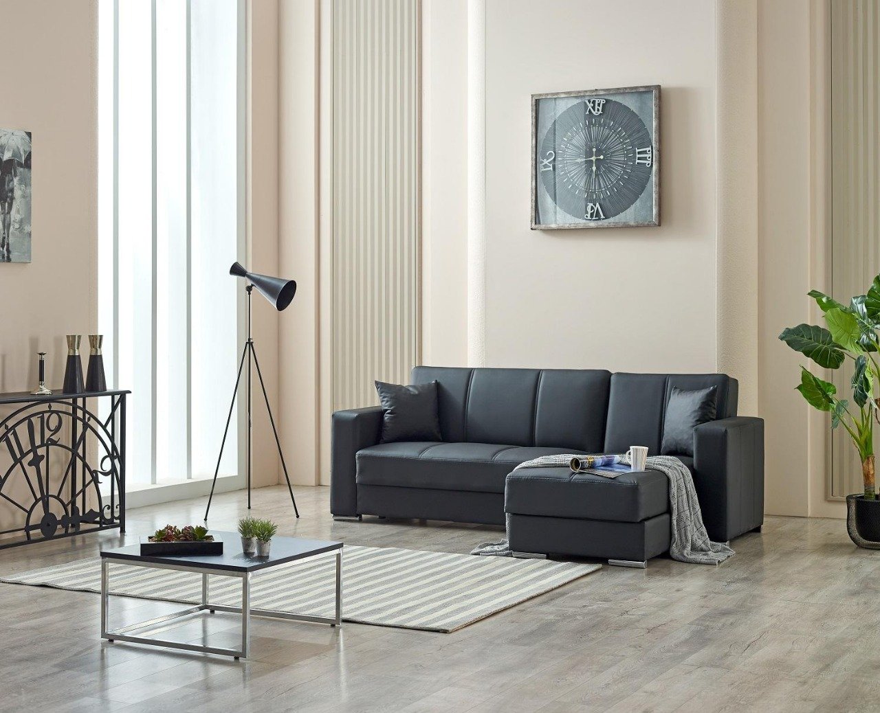 Modern living room with black sofa, coffee table, large clock, potted plant, and floor lamp.