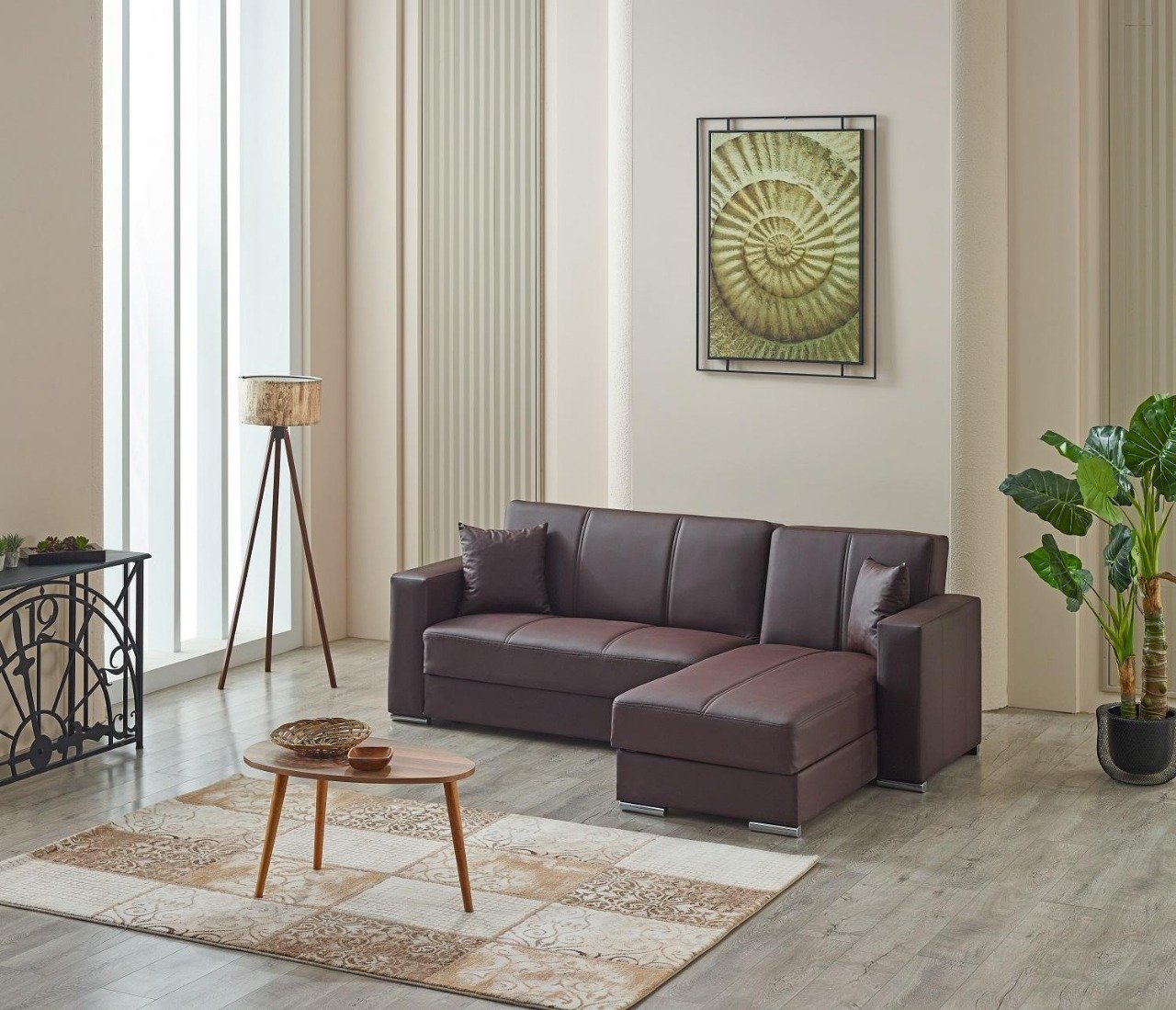 A modern living room with a brown sectional sofa, wood coffee table, and framed ammonite print on the wall.