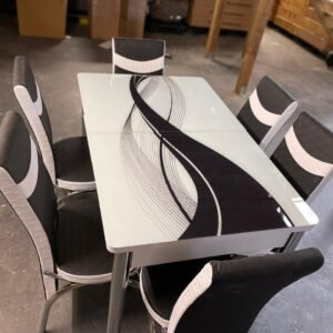 Modern Gleam Glass Dining Set with a glass-top table and six chairs, featuring a black and white swirl design.