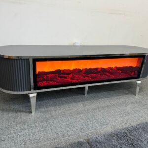 IgnisView TV Stand with built-in electric fireplace and metallic accents.