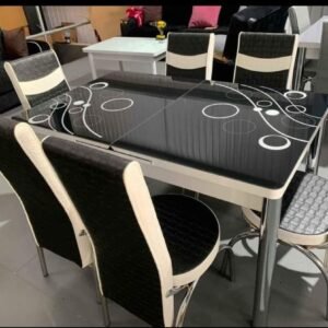 LuxeFlow Dining Set with a black table and patterned white circles, surrounded by six chairs.