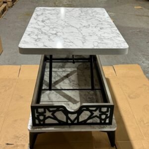 Contemporary coffee table featuring a raised marble-effect top and sleek grey geometric base.