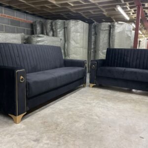 Two Midnight Velvet Sofa Beds with gold accents in an indoor storage space.