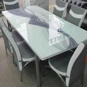ModernVista Dining Set with a glass top table and gray upholstered chairs.
