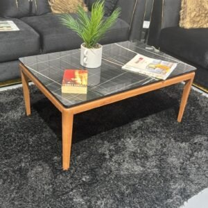 A Nora Coffee Table with a black checkered top and wooden legs, adorned with a plant and books, in a modern living room.
