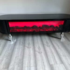 RadiantFlame TV Unit with a red glowing inset and sleek black design on metallic legs.