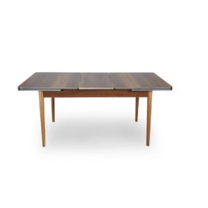 A wooden dining table with a dark tabletop and lighter, tapered legs in a minimalist style.