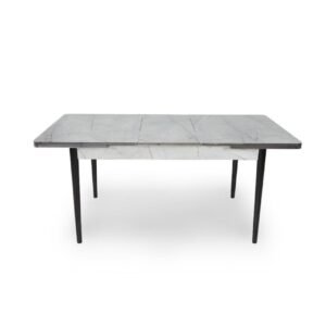 Rectangular dining table with a marbled surface and black legs.