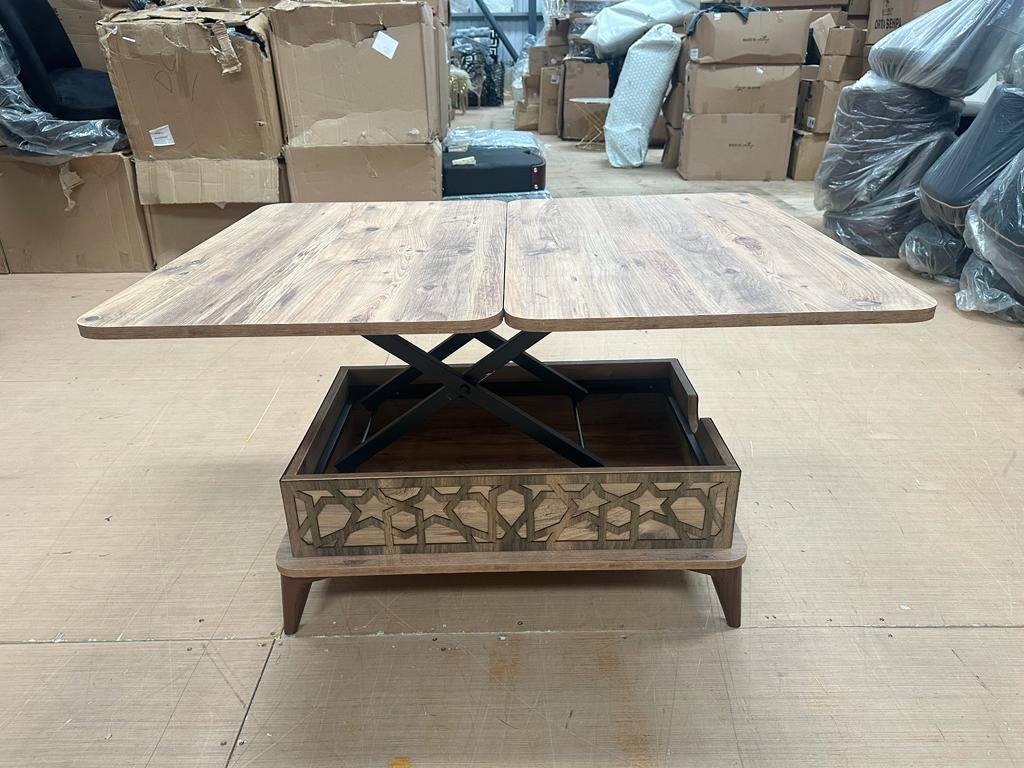 TimberGlow Coffee Table with adjustable wooden top and decorative base.