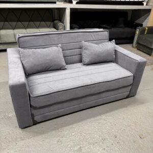 gray, modern sofa with two matching cushions.
