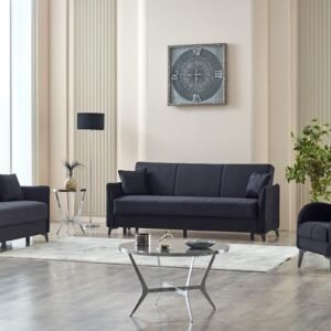 A modern living room featuring a gray sofa, coordinating armchairs, a sleek coffee table, and stylish wall art.