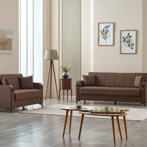 Modern living room with brown sofas, minimalist decor, and framed artwork.