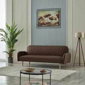 Living room with a brown Solea Sofa Bed, framed poppy painting, potted plant, floor lamp, and round coffee table on a rug.
