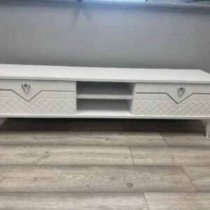 White Velora Classic TV Stand with drawers and open shelves.